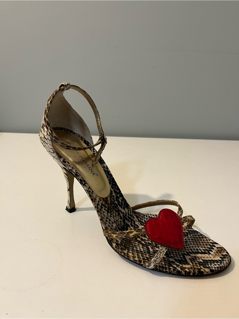 2005,rare Dolce & Gabbana Gold Snake-Print Stiletto Sandal with Red Heart Accent